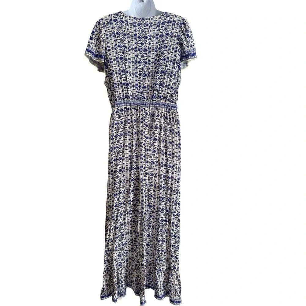 Boho Maxi Dress L Blue White Floral Deep V Empire Waist Cottagecore Vacation - Picture 6 of 10